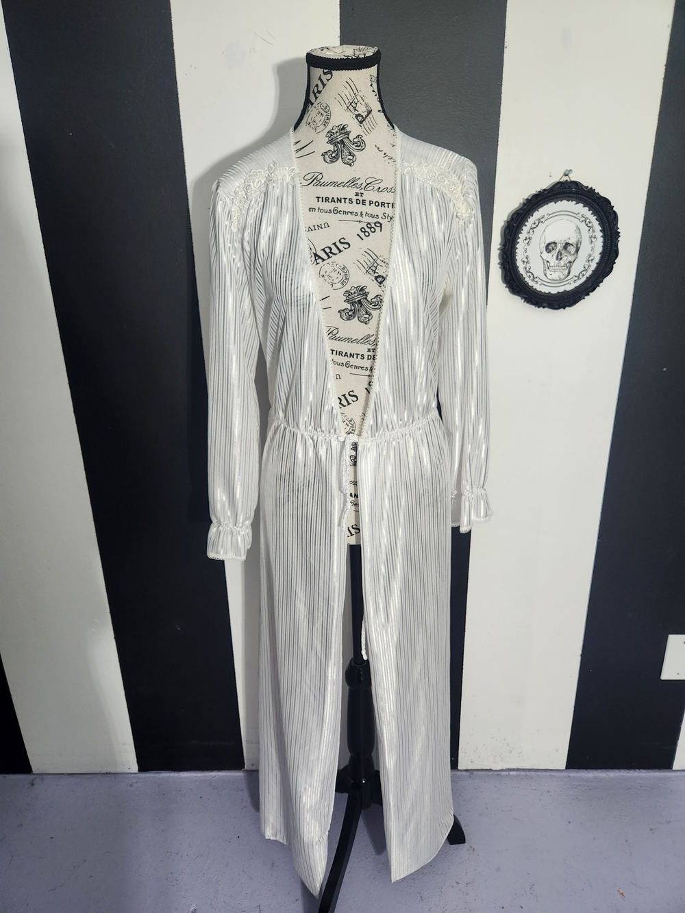 70's Vintage White Satin Long Robe with Subtle Vertical Stripe